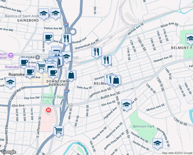 map of restaurants, bars, coffee shops, grocery stores, and more near 712 Stewart Avenue Southeast in Roanoke