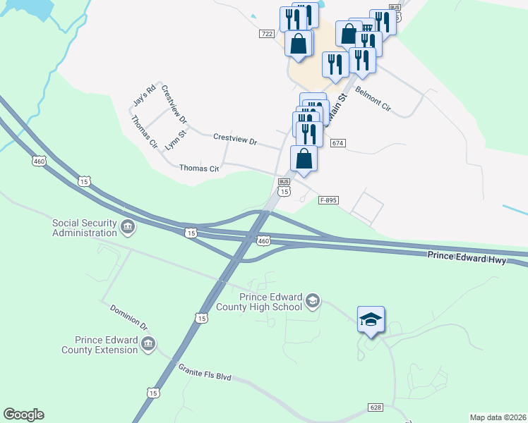 map of restaurants, bars, coffee shops, grocery stores, and more near Farmville Road in Farmville