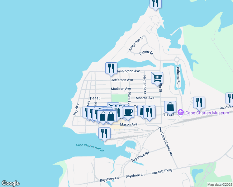 map of restaurants, bars, coffee shops, grocery stores, and more near 11 Park Row in Cape Charles