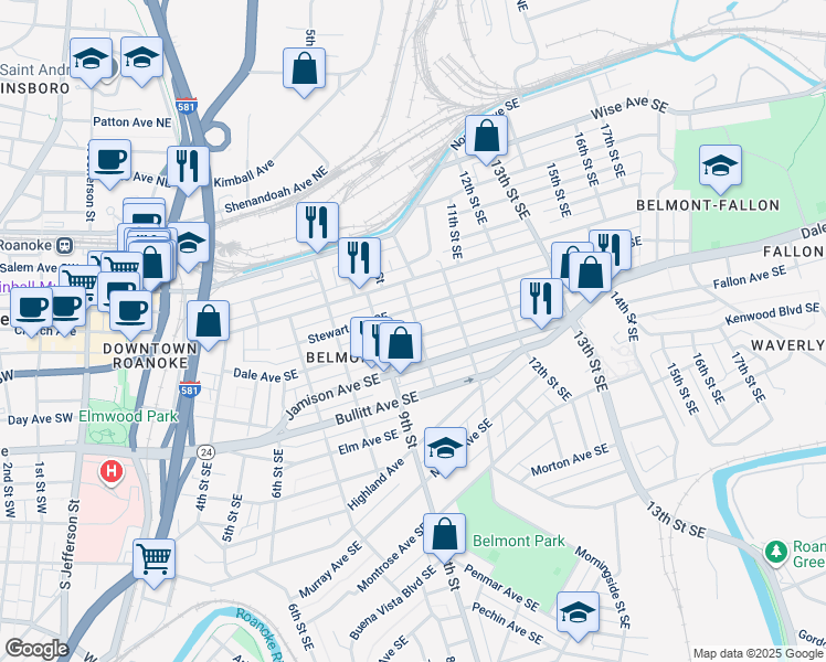 map of restaurants, bars, coffee shops, grocery stores, and more near 920 Dale Avenue Southeast in Roanoke