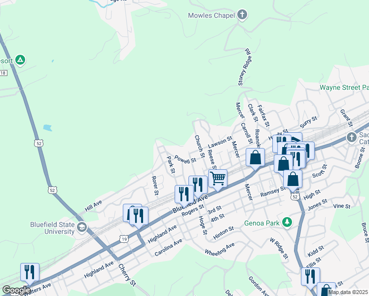 map of restaurants, bars, coffee shops, grocery stores, and more near 421 Exitor St in Bluefield
