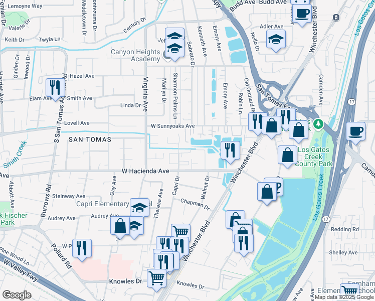 map of restaurants, bars, coffee shops, grocery stores, and more near 1134 Capri Drive in Campbell