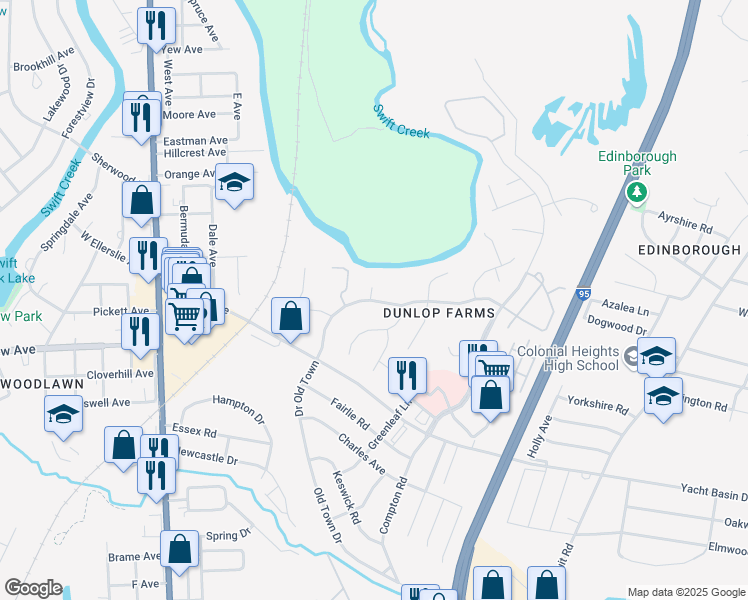 map of restaurants, bars, coffee shops, grocery stores, and more near 16001-16071 Continental Boulevard in Colonial Heights