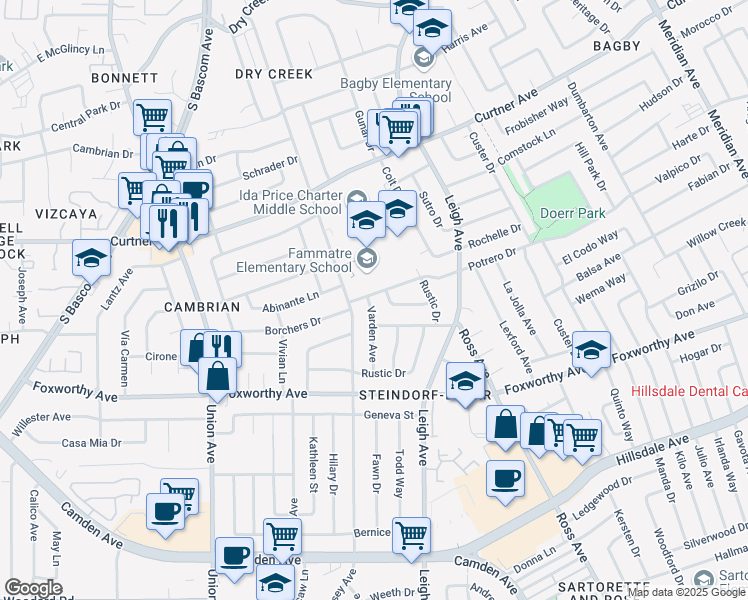 map of restaurants, bars, coffee shops, grocery stores, and more near 2818 Varden Avenue in San Jose