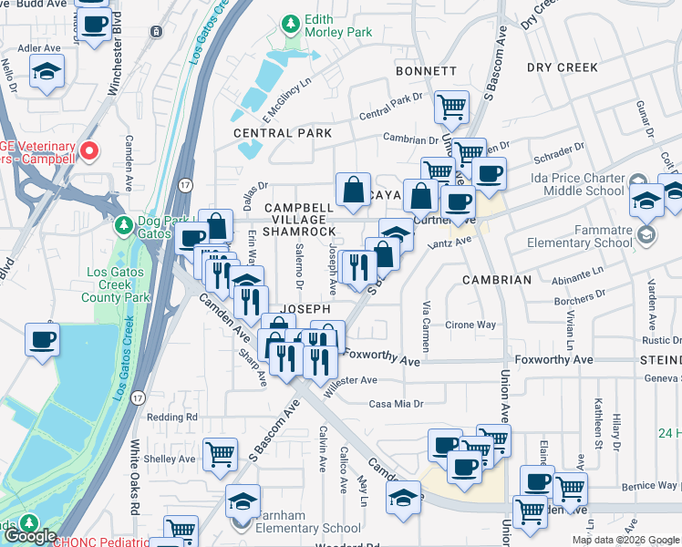 map of restaurants, bars, coffee shops, grocery stores, and more near 2842 Joseph Avenue in Campbell