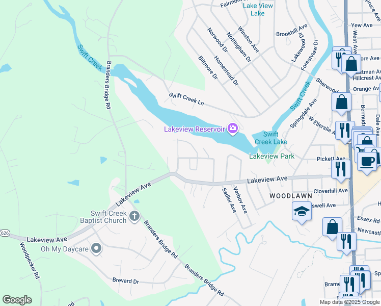 map of restaurants, bars, coffee shops, grocery stores, and more near 141 Lakeview Park Road in Colonial Heights
