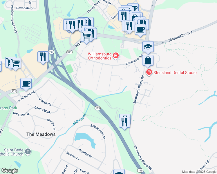 map of restaurants, bars, coffee shops, grocery stores, and more near 131 Brookhaven Drive in Williamsburg