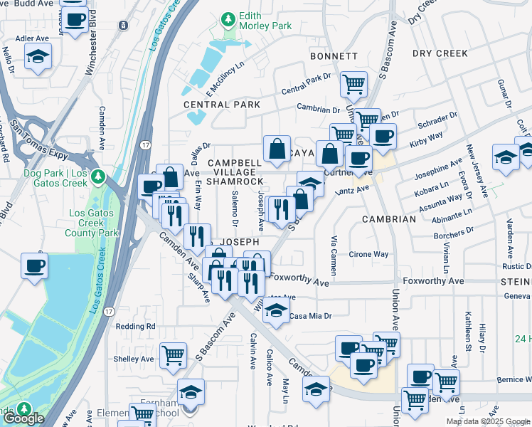 map of restaurants, bars, coffee shops, grocery stores, and more near 2842 Joseph Avenue in Campbell