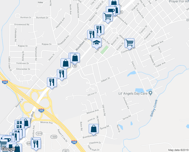 map of restaurants, bars, coffee shops, grocery stores, and more near 1403 Old Iron Road in Hopewell