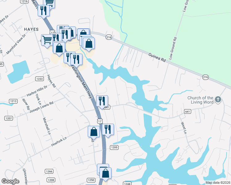 map of restaurants, bars, coffee shops, grocery stores, and more near 2124 Sarah Creek Lane in Gloucester Point