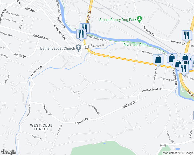 map of restaurants, bars, coffee shops, grocery stores, and more near 533 Diamond Road in Salem