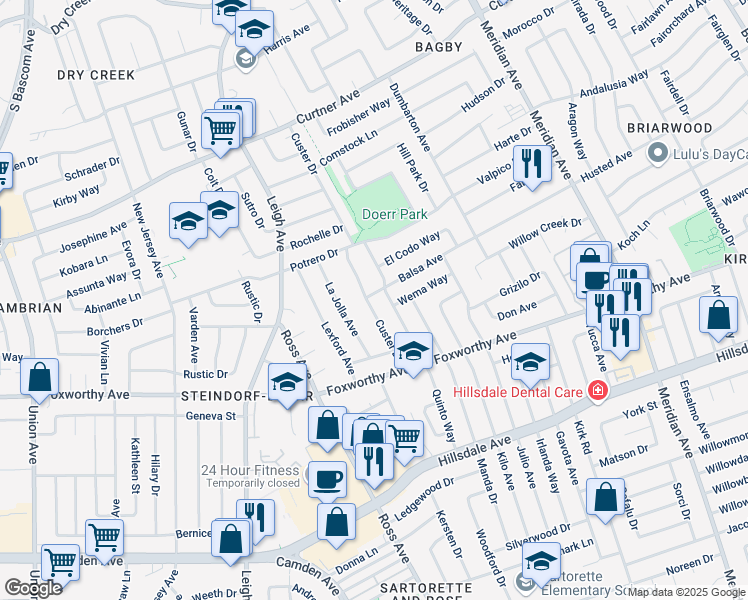 map of restaurants, bars, coffee shops, grocery stores, and more near 1798 Balsa Avenue in San Jose