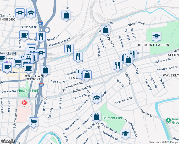 map of restaurants, bars, coffee shops, grocery stores, and more near 920 Dale Avenue Southeast in Roanoke