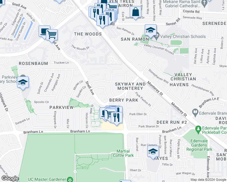map of restaurants, bars, coffee shops, grocery stores, and more near 4428 Stone Canyon Drive in San Jose