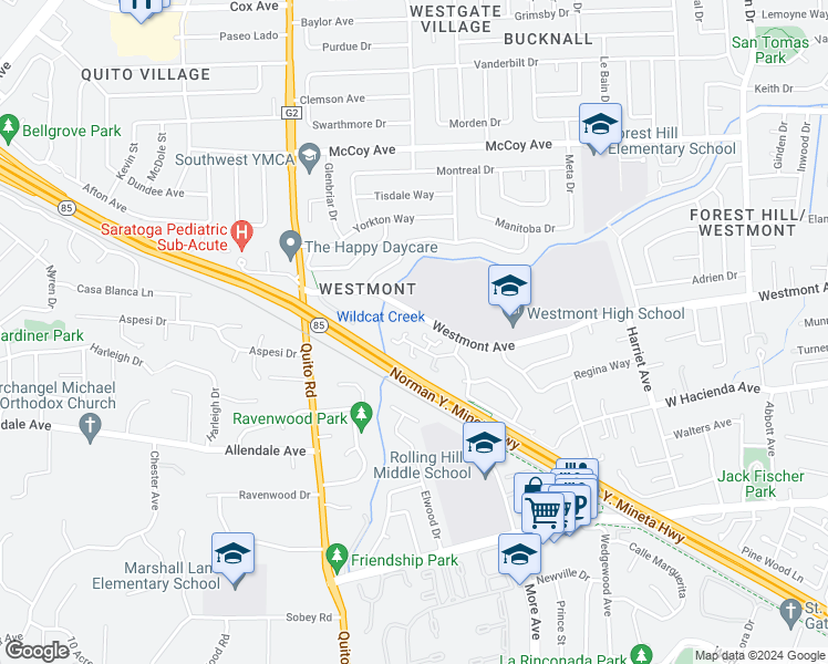 map of restaurants, bars, coffee shops, grocery stores, and more near 5017 Pine Tree Terrace in Campbell