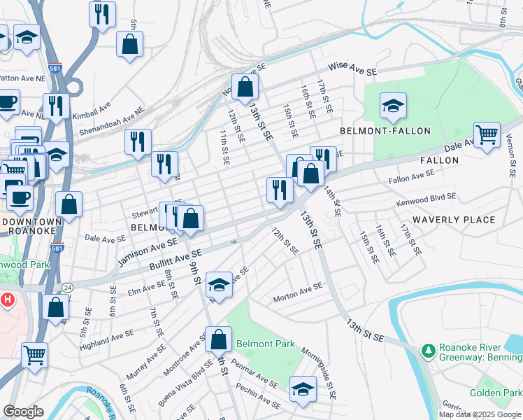 map of restaurants, bars, coffee shops, grocery stores, and more near 1132 Jamison Avenue Southeast in Roanoke