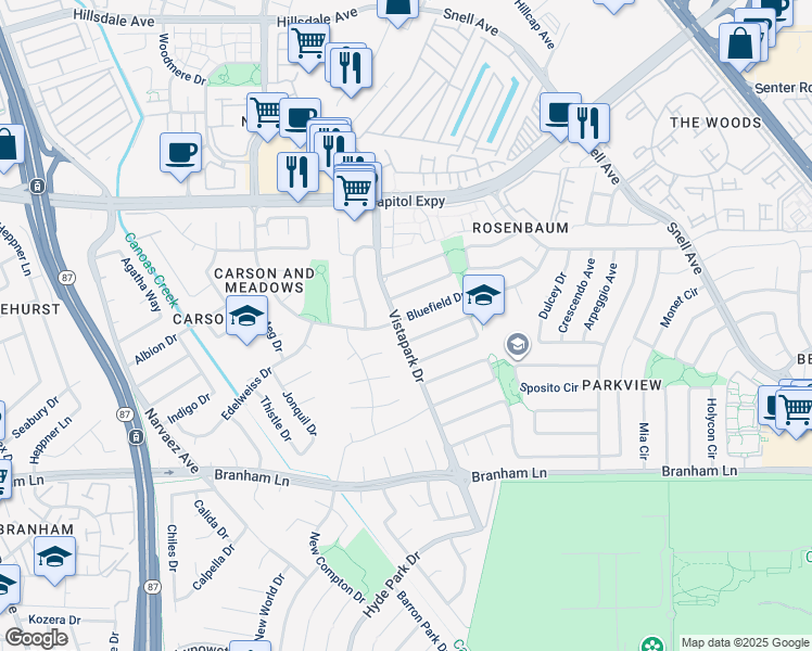 map of restaurants, bars, coffee shops, grocery stores, and more near 398 Bluefield Drive in San Jose
