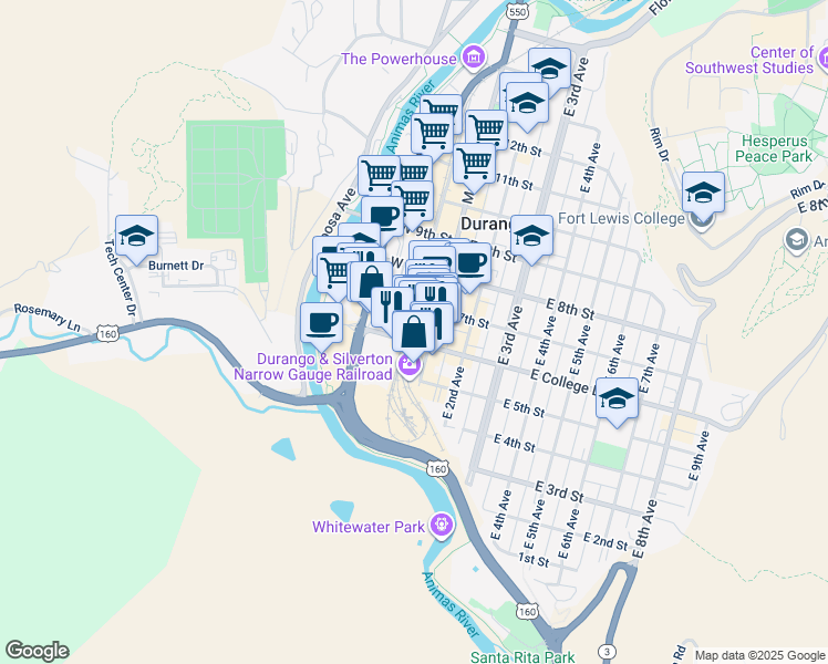 map of restaurants, bars, coffee shops, grocery stores, and more near in Durango