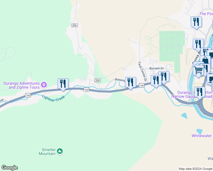 map of restaurants, bars, coffee shops, grocery stores, and more near 157 County Road 206 in Durango