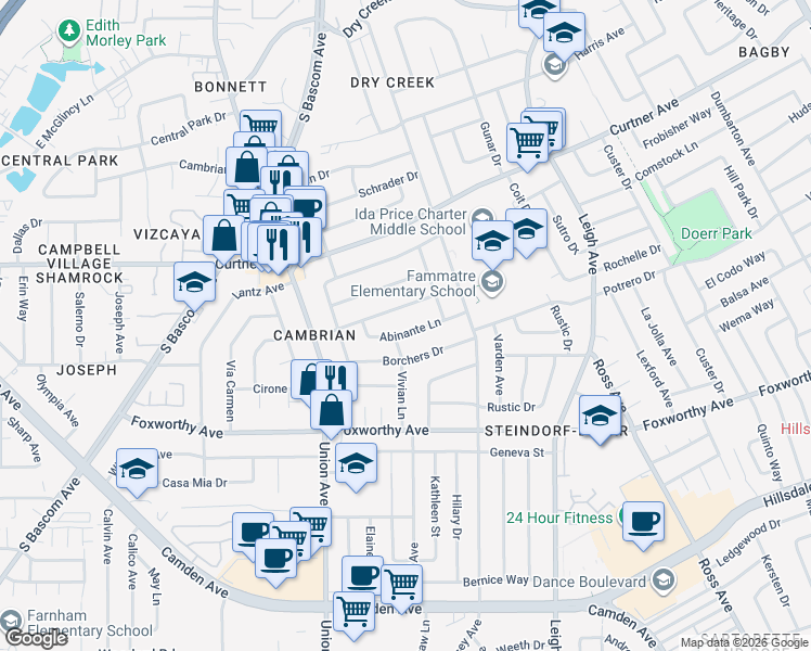map of restaurants, bars, coffee shops, grocery stores, and more near 1953 Abinante Lane in San Jose