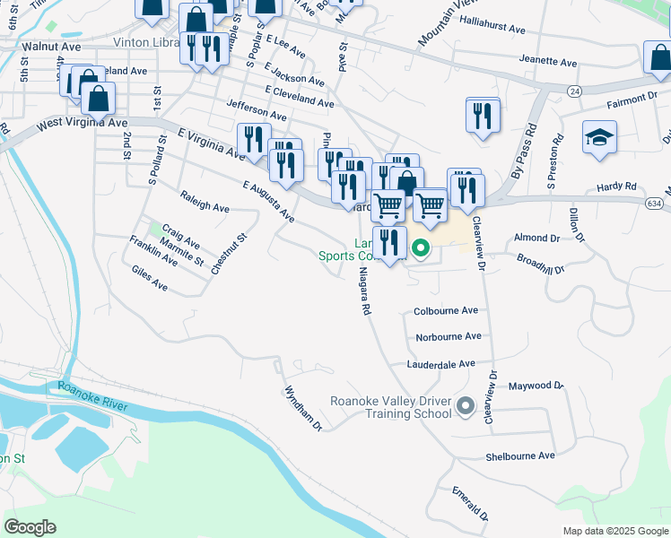 map of restaurants, bars, coffee shops, grocery stores, and more near 679 East Augusta Avenue in Vinton