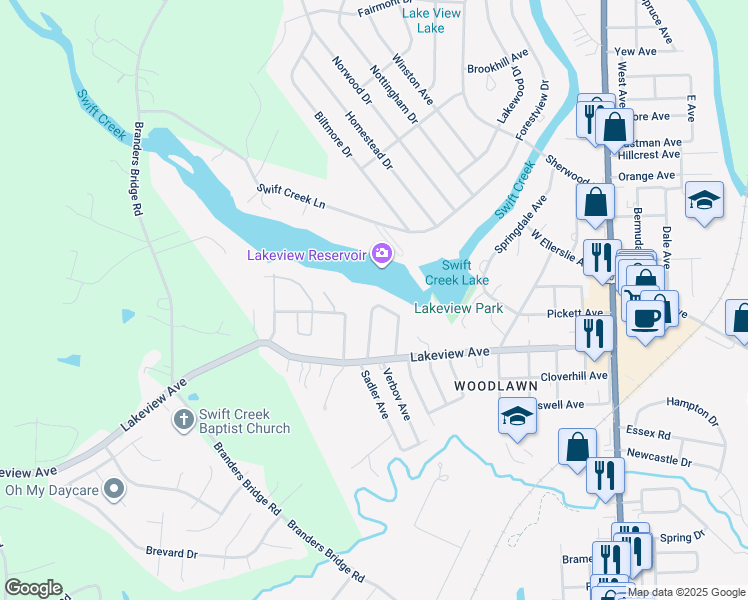 map of restaurants, bars, coffee shops, grocery stores, and more near 120 Lakeside Drive in Colonial Heights