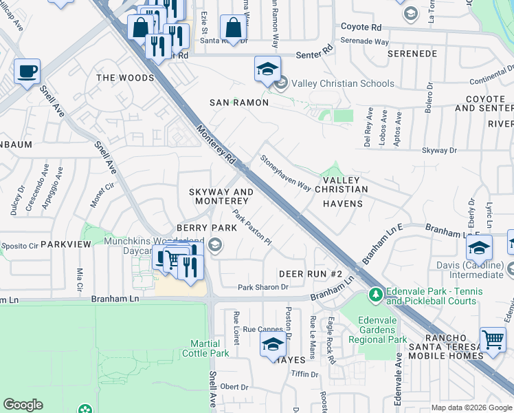 map of restaurants, bars, coffee shops, grocery stores, and more near 63 Park Essex Place in San Jose