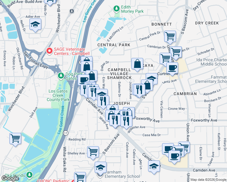map of restaurants, bars, coffee shops, grocery stores, and more near 1135 Normandy Drive in Campbell