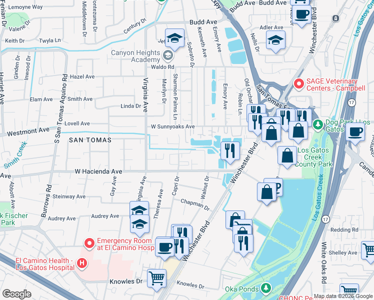 map of restaurants, bars, coffee shops, grocery stores, and more near 1134 Capri Drive in Campbell