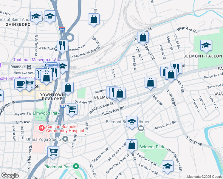 map of restaurants, bars, coffee shops, grocery stores, and more near 414 9th Street Southeast in Roanoke