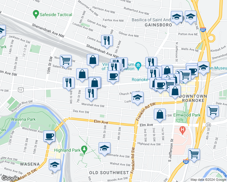 map of restaurants, bars, coffee shops, grocery stores, and more near 501 Church Avenue Southwest in Roanoke