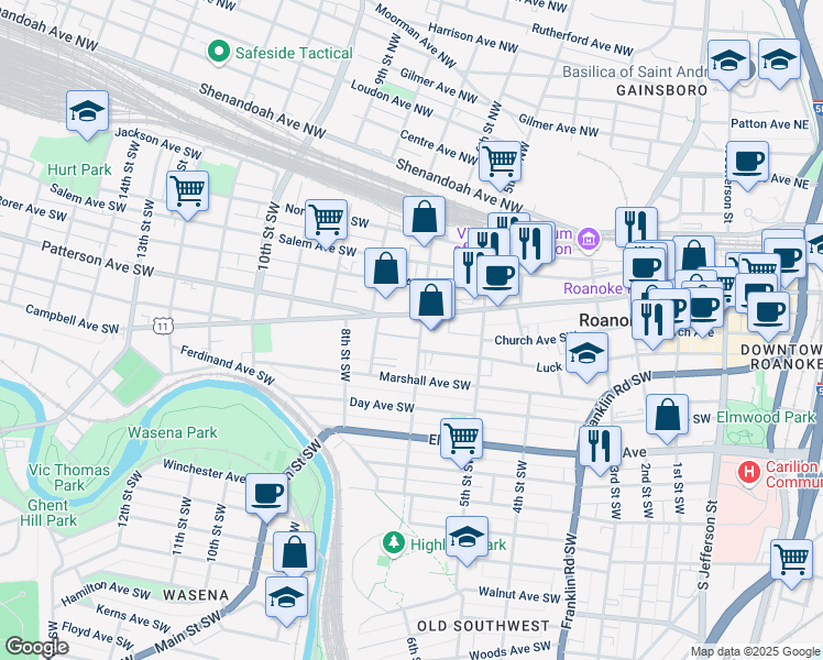 map of restaurants, bars, coffee shops, grocery stores, and more near 608 Campbell Avenue Southwest in Roanoke