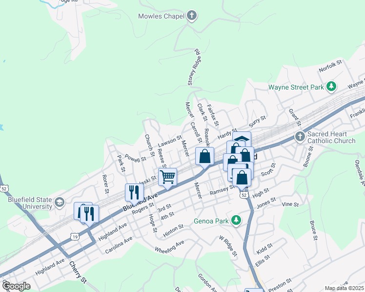 map of restaurants, bars, coffee shops, grocery stores, and more near 398 Peck Street in Bluefield