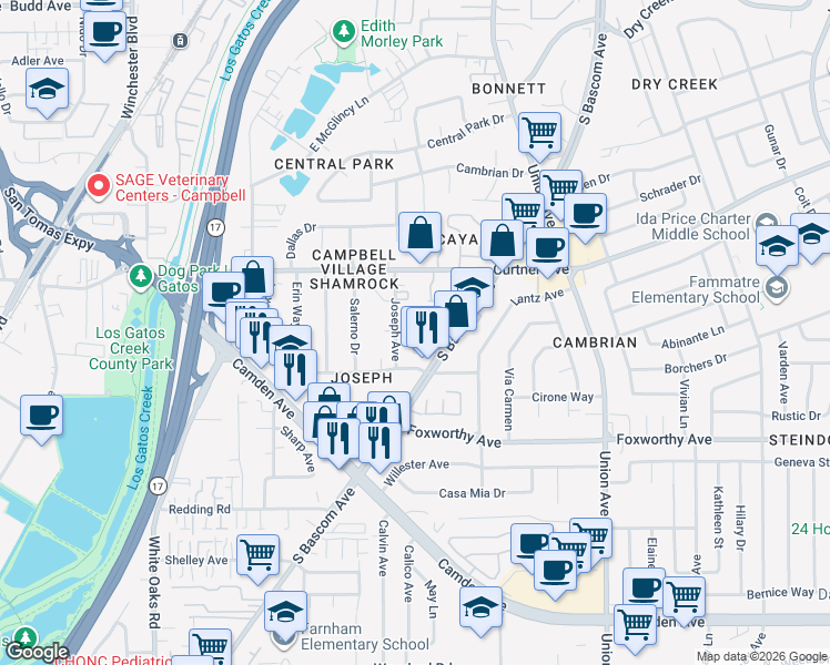 map of restaurants, bars, coffee shops, grocery stores, and more near 2842 Joseph Avenue in Campbell