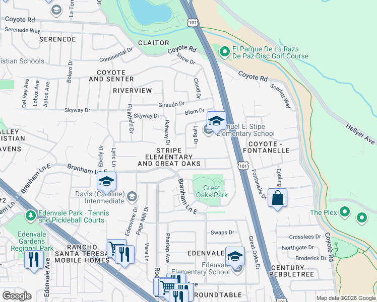 map of restaurants, bars, coffee shops, grocery stores, and more near 5028 Lyng Drive in San Jose