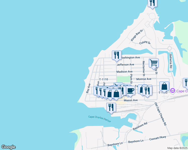map of restaurants, bars, coffee shops, grocery stores, and more near 306 Bay Ave in Cape Charles