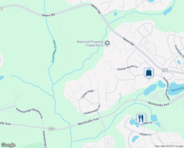 map of restaurants, bars, coffee shops, grocery stores, and more near 4083 Ambassador Cir in Williamsburg