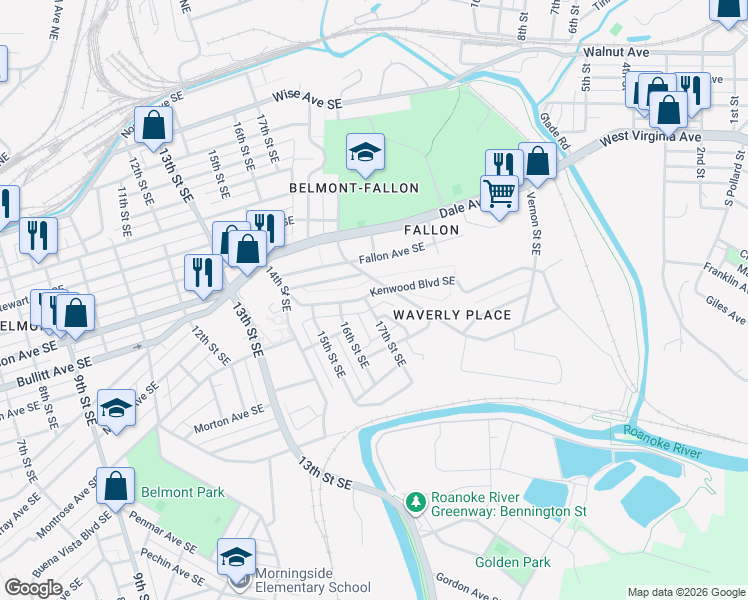 map of restaurants, bars, coffee shops, grocery stores, and more near 1707 Kenwood Boulevard Southeast in Roanoke