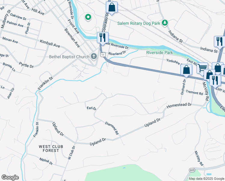 map of restaurants, bars, coffee shops, grocery stores, and more near 525 Diamond Road in Salem
