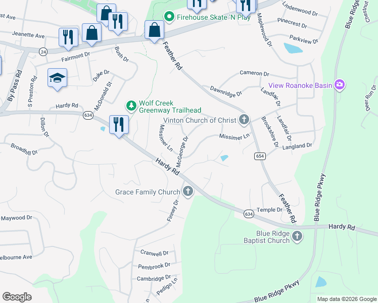 map of restaurants, bars, coffee shops, grocery stores, and more near 432 Missimer Ln in Vinton