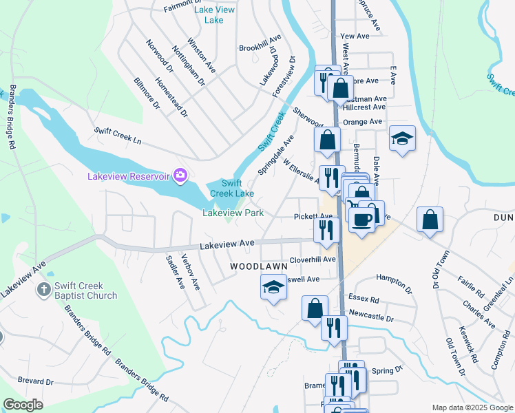 map of restaurants, bars, coffee shops, grocery stores, and more near 412 Lake Avenue in Colonial Heights