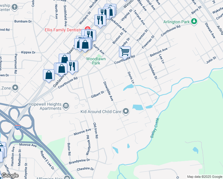 map of restaurants, bars, coffee shops, grocery stores, and more near 3530 Gilbert Street in Hopewell