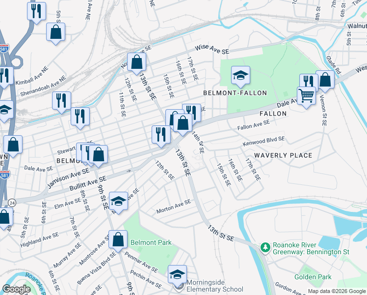 map of restaurants, bars, coffee shops, grocery stores, and more near 830 13th Street Southeast in Roanoke