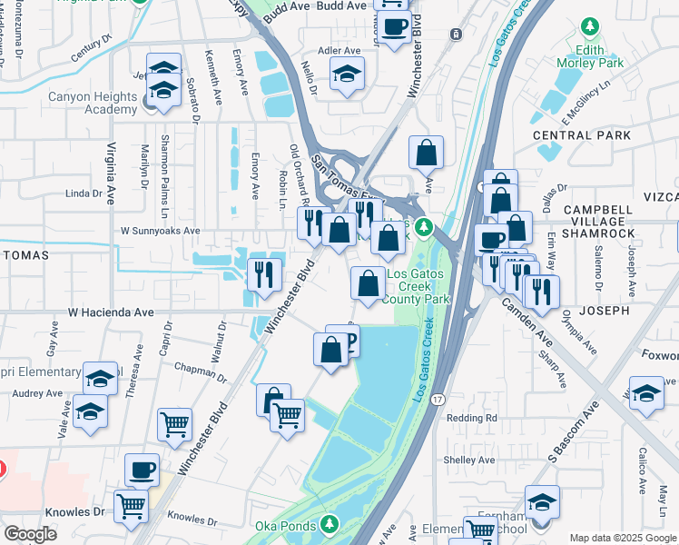 map of restaurants, bars, coffee shops, grocery stores, and more near 1077 Dell Avenue in Campbell