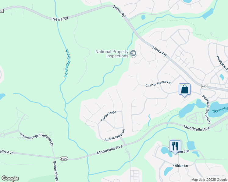 map of restaurants, bars, coffee shops, grocery stores, and more near 4083 Ambassador Cir in Williamsburg