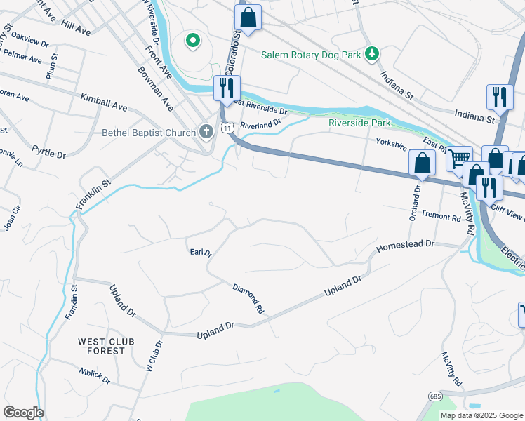 map of restaurants, bars, coffee shops, grocery stores, and more near 539 Diamond Road in Salem