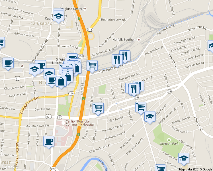 map of restaurants, bars, coffee shops, grocery stores, and more near 615 Tazewell Avenue Southeast in Roanoke