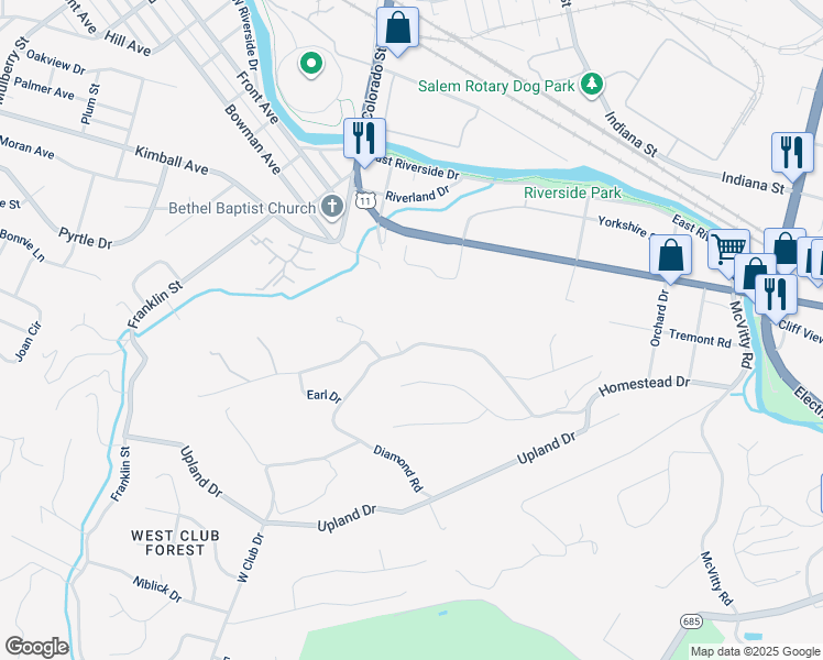 map of restaurants, bars, coffee shops, grocery stores, and more near 533 Diamond Road in Salem