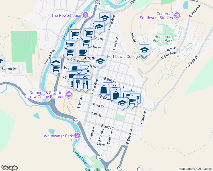 map of restaurants, bars, coffee shops, grocery stores, and more near 720 East 4th Avenue in Durango