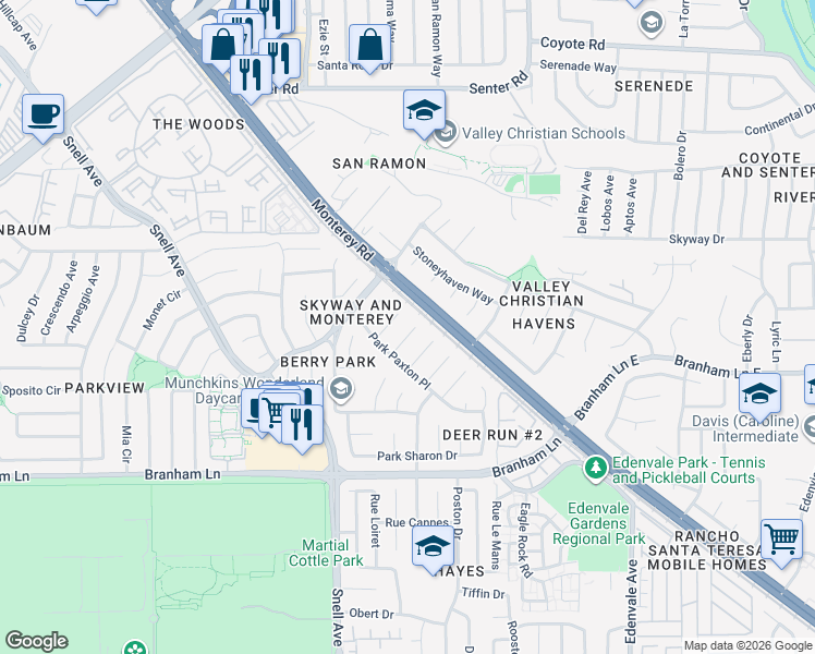 map of restaurants, bars, coffee shops, grocery stores, and more near 63 Park Essex Place in San Jose